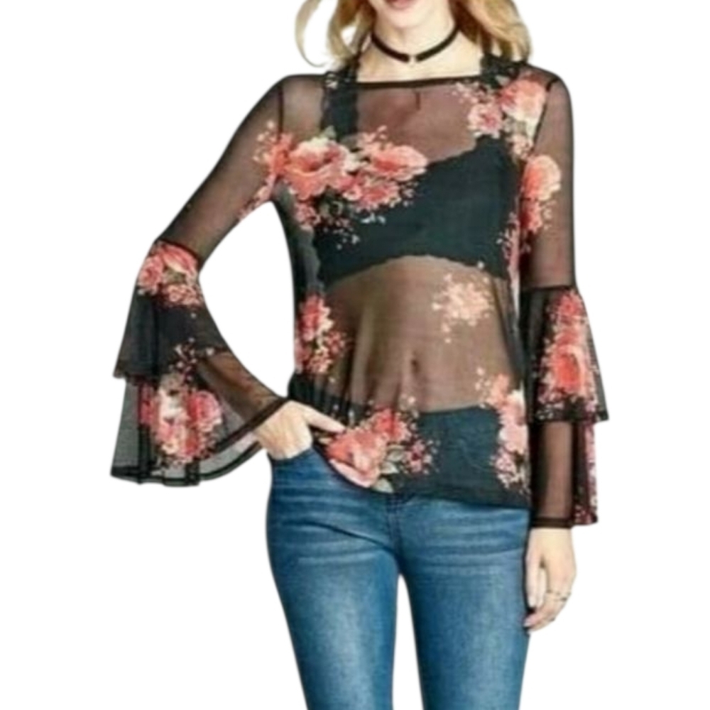 Sheer See Through Blue Floral Top Blouse Long Flare Sleeve - Picture 9 of 9
